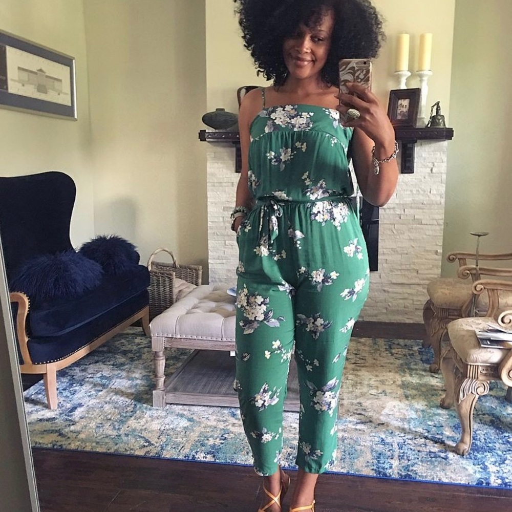 Green Floral Jumpsuit with Tie Around Waist